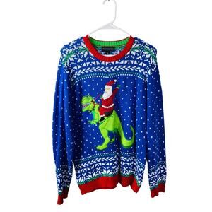 Blizzard Bay Men's Blue Santa Riding T rex Crew Neck Ugly Xmas Sweater M